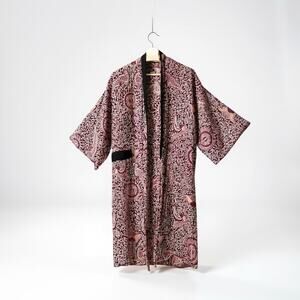 Bali Bagus Maroon Paisley Floral Print Short Kimono Robe Jacket Cover-Up